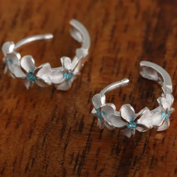 Sterling Silver Three Plumeria with Blue CZ Hoop Earrings