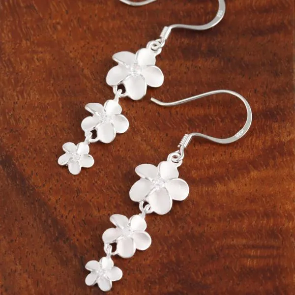 Sterling Silver Three Plumeria with CZ Hook Earrings (S/L)