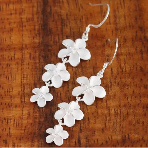 Sterling Silver Three Plumeria with CZ Hook Earrings (S/L)