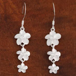 Sterling Silver Three Plumeria with CZ Hook Earrings (S/L)