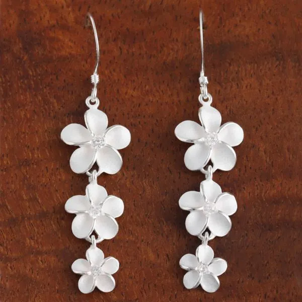 Sterling Silver Three Plumeria with CZ Hook Earrings (S/L)