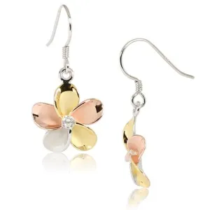 Sterling Silver Tri-Color 15mm Plumeria with CZ Hook Earrings
