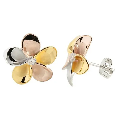 Sterling Silver Tri-Color 15mm Plumeria with CZ Post Earrings
