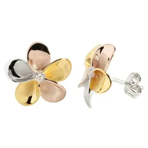 Sterling Silver Tri-Color 15mm Plumeria with CZ Post Earrings