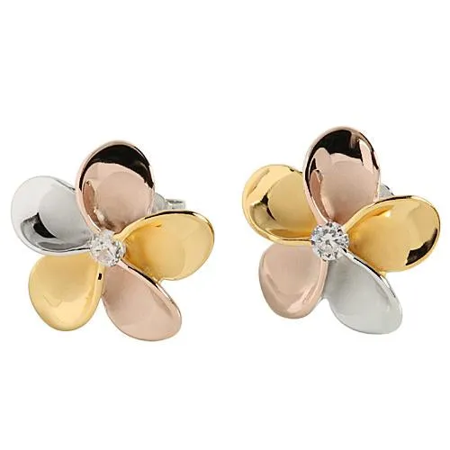 Sterling Silver Tri-Color 15mm Plumeria with CZ Post Earrings