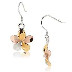 Sterling Silver Tri-Color Plumeria Hook Earrings (8-18mm)