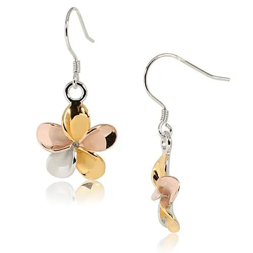 Sterling Silver Tri-Color Plumeria Hook Earrings (8-18mm)