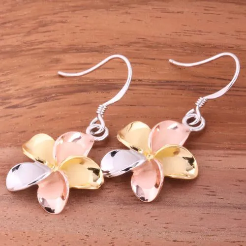 Sterling Silver Tri-Color Plumeria Hook Earrings (8-18mm)