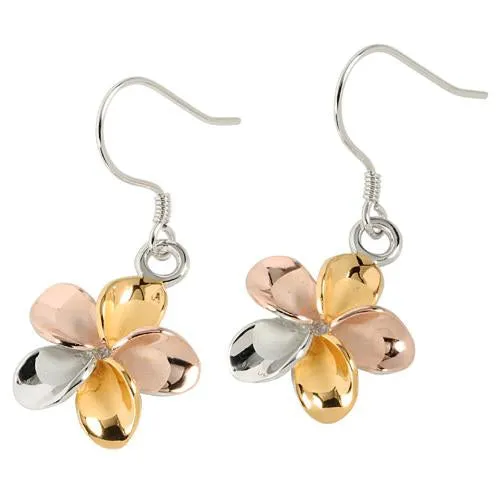 Sterling Silver Tri-Color Plumeria Hook Earrings (8-18mm)