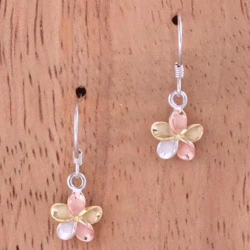Sterling Silver Tri-Color Plumeria Hook Earrings (8-18mm)