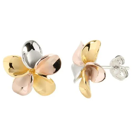 Sterling Silver Tri-Color Plumeria Post Earrings (8-18mm)