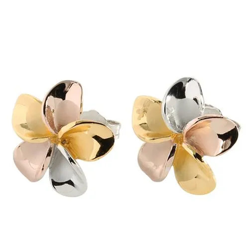 Sterling Silver Tri-Color Plumeria Post Earrings (8-18mm)
