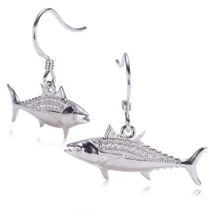 Sterling Silver Tuna Fish Pave CZ Hook Earrings