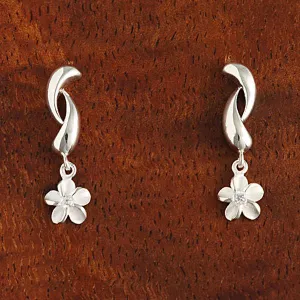 Sterling Silver Twist Drop Plumeria with CZ Post Earrings