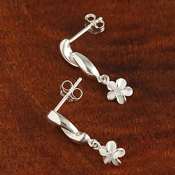 Sterling Silver Twist Drop Plumeria with CZ Post Earrings