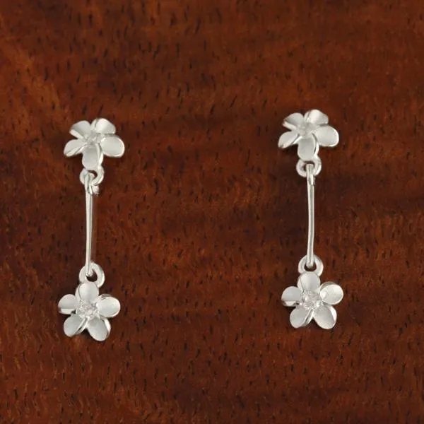 Sterling Silver Two 6mm Plumeria with CZ and Wire Post Earrings