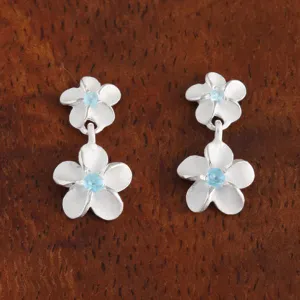 Sterling Silver Two Plumeria with Blue CZ Post Earrings (S/L)