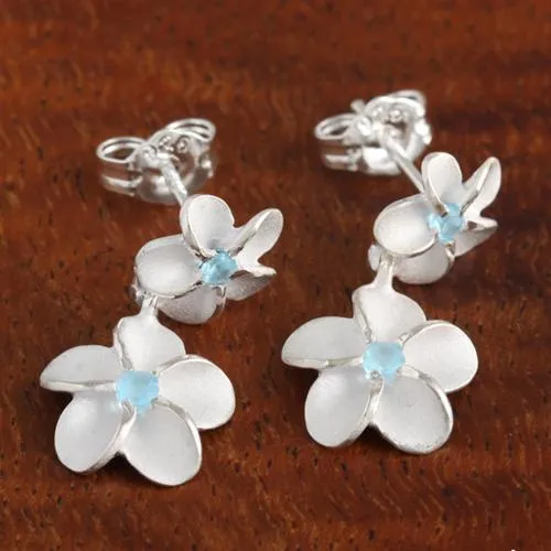 Sterling Silver Two Plumeria with Blue CZ Post Earrings (S/L)