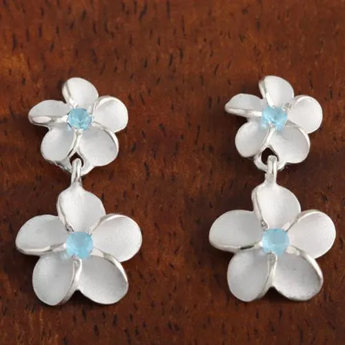 Sterling Silver Two Plumeria with Blue CZ Post Earrings (S/L)