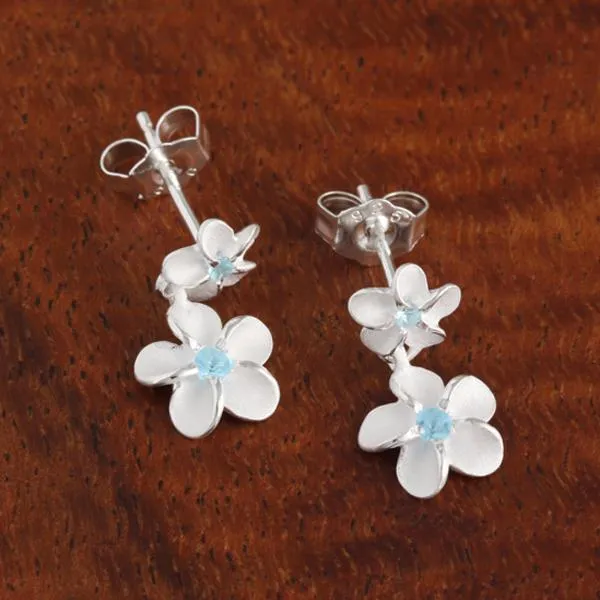 Sterling Silver Two Plumeria with Blue CZ Post Earrings (S/L)