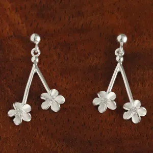 Sterling Silver Two Plumeria with CZ Wire and Bead Post Earrings