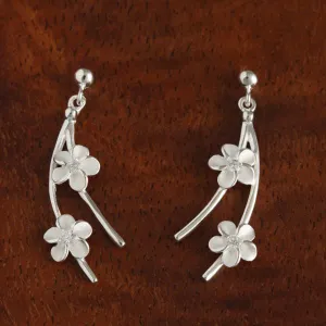 Sterling Silver Two Plumeria with CZ Wire and Bead Post Earrings