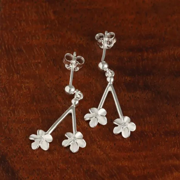 Sterling Silver Two Plumeria with CZ Wire and Bead Post Earrings