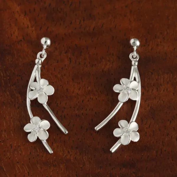 Sterling Silver Two Plumeria with CZ Wire and Bead Post Earrings