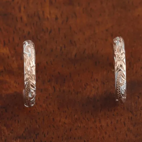 Sterling Silver Two Tone Pink Gold Plated Hawaiian Scroll Half Moon Wire Earrings