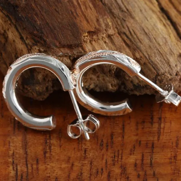 Sterling Silver Two Tone Pink Gold Plated Hawaiian Scroll Half Moon Wire Earrings