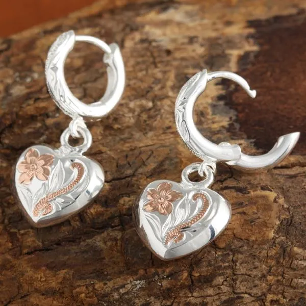 Sterling Silver Two Tone Pink Gold Plated Hawaiian Scroll Heart Wire Earrings