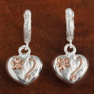 Sterling Silver Two Tone Pink Gold Plated Hawaiian Scroll Heart Wire Earrings