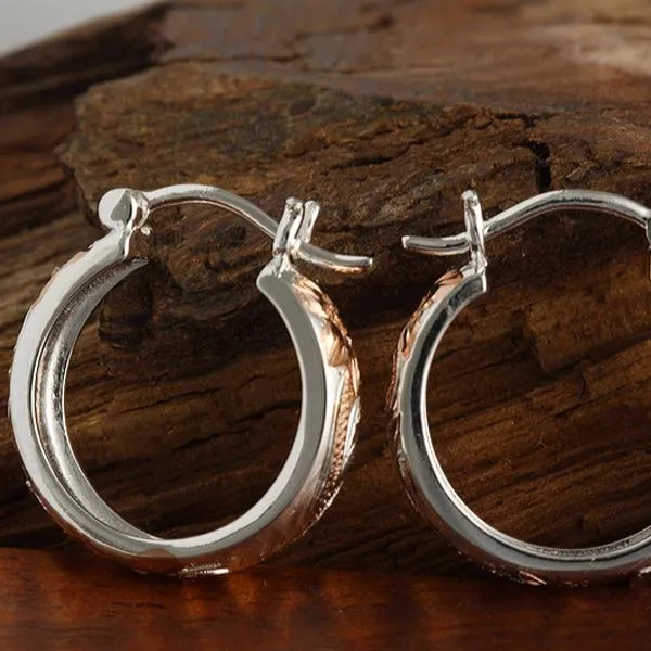 Sterling Silver Two Tone Pink Gold Plated Hawaiian Scroll Round Hinged Back Earrings