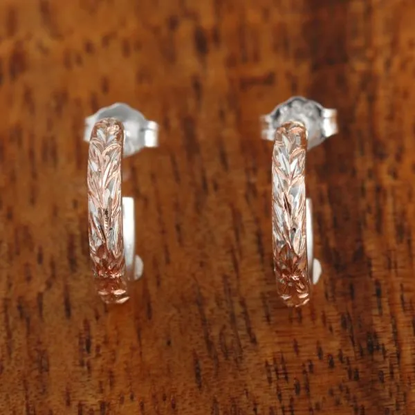 Sterling Silver Two Tone Pink Gold Plated Maile Leaf Half Moon Wire Earrings