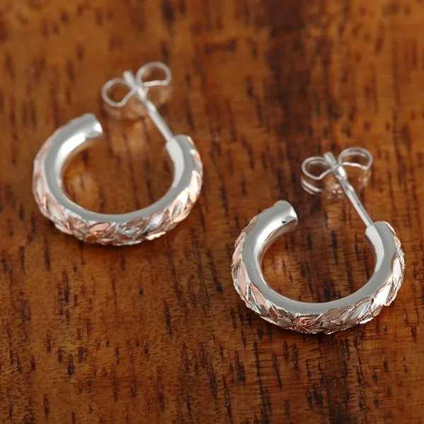 Sterling Silver Two Tone Pink Gold Plated Maile Leaf Half Moon Wire Earrings
