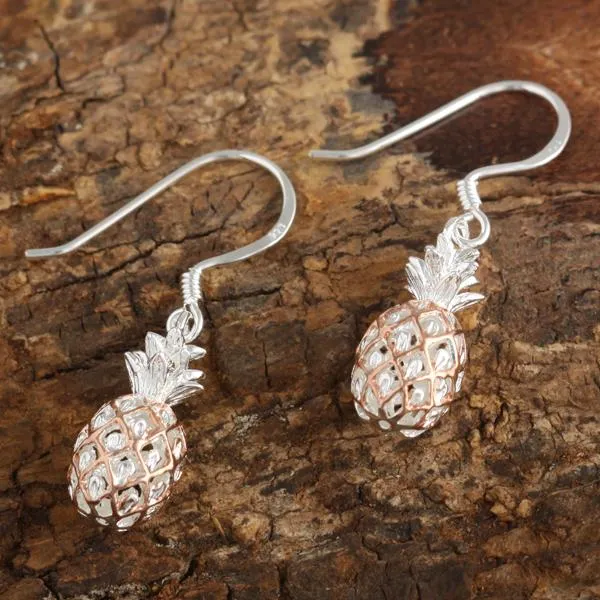 Sterling Silver Two Tone Pink Gold Plated Pineapple Hook Earrings