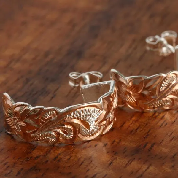 Sterling Silver Two Tone Pink Gold Plated Queen Scroll Cut Out Edge Half Moon Earrings 8mm