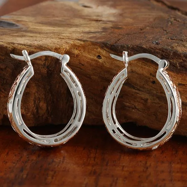 Sterling Silver Two Tone Pink Gold Plated See Through Hawaiian Scroll Round Hinged Back Earrings