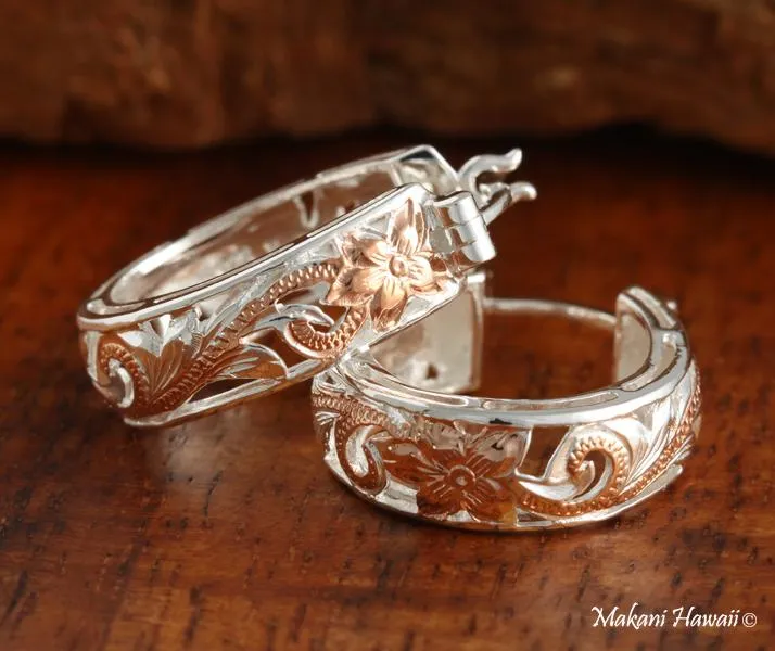 Sterling Silver Two Tone Pink Gold Plated See Through Hawaiian Scroll Round Hinged Back Earrings