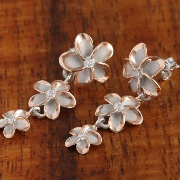 Sterling Silver Two Tone Pink Gold Rhodium Plated 12-10-8mm Plumeria with CZ Post Earrings
