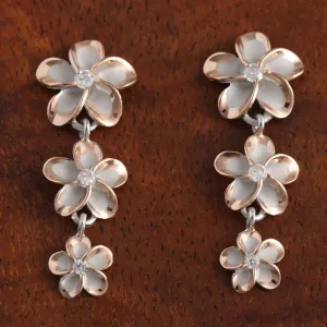 Sterling Silver Two Tone Pink Gold Rhodium Plated 12-10-8mm Plumeria with CZ Post Earrings