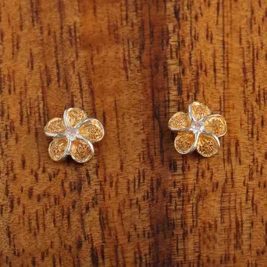 Sterling Silver Two Tone Yellow Gold Plated 15mm Plumeria with CZ Raised Sandblast Post Earrings