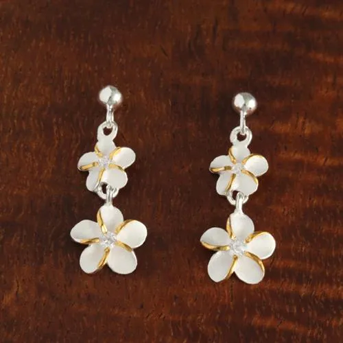 Sterling Silver Two Tone Yellow Gold Plated 6-8mm Plumeria with CZ and Bead Post Earrings