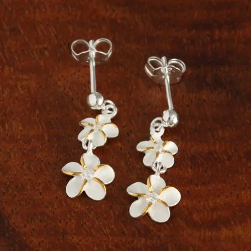 Sterling Silver Two Tone Yellow Gold Plated 6-8mm Plumeria with CZ and Bead Post Earrings