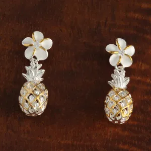 Sterling Silver Two Tone Yellow Gold Plated 8mm Plumeria with CZ and Pineapple Post Earrings