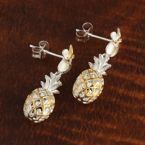 Sterling Silver Two Tone Yellow Gold Plated 8mm Plumeria with CZ and Pineapple Post Earrings