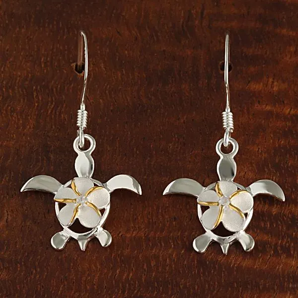 Sterling Silver Two Tone Yellow Gold Plated 8mm Plumeria with CZ on Honu (Hawaiian Turtle) Hook Earrings