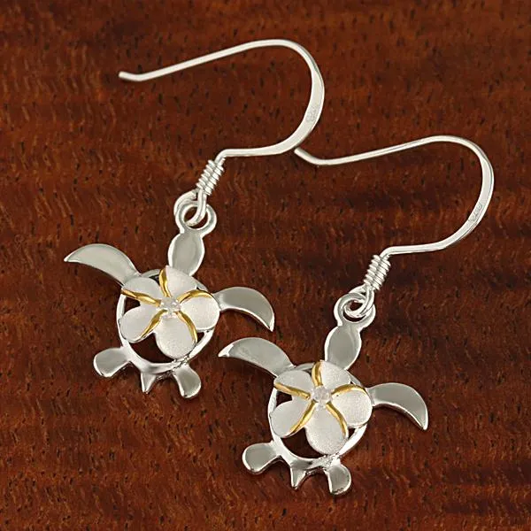 Sterling Silver Two Tone Yellow Gold Plated 8mm Plumeria with CZ on Honu (Hawaiian Turtle) Hook Earrings