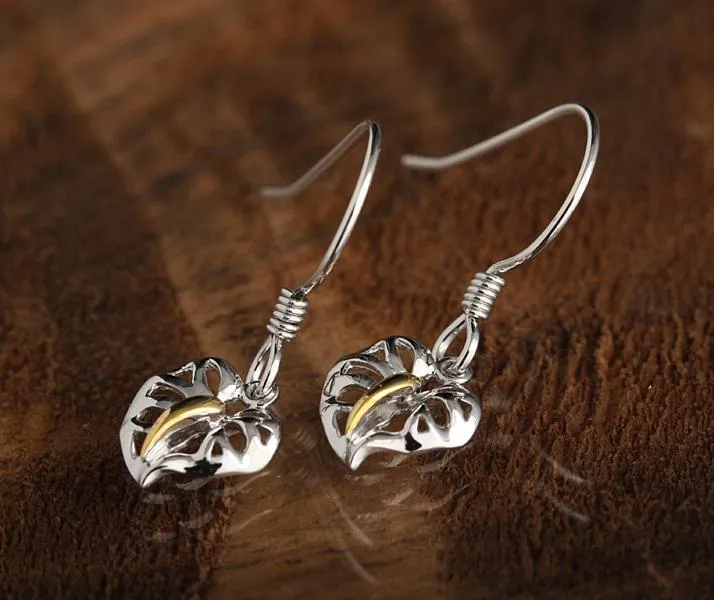 Sterling Silver Two Tone Yellow Gold Plated Anthurium Leaf Hook Earrings
