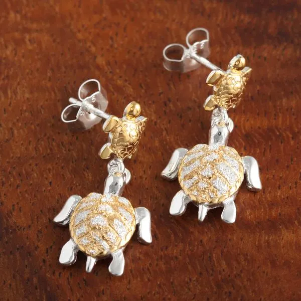 Sterling Silver Two Tone Yellow Gold Plated Double Honu (Hawaiian Turtle) Post Earrings